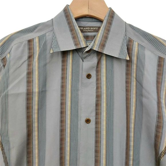 Tommy Bahama Island Soft Shirt Mens Medium Gray Button Up Striped 100% Cotton - Picture 3 of 9